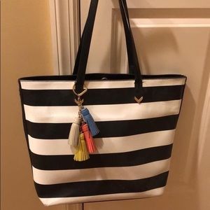 Stella & Dot vegan black & whiter striped purse with tassel
